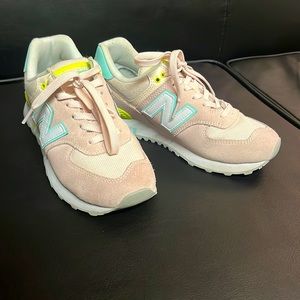 New Balance 574 pink, yellow, and blue